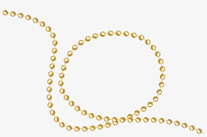 Golden beaded chain arranged in a flowing loop on white background, shiny metallic spheres linked together.