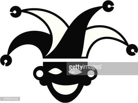 Black and white jester mask with three-pointed hat and smiling face.