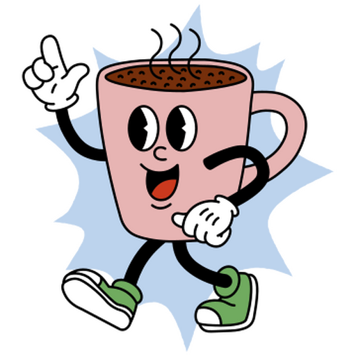 Animated coffee mug character with arms, legs, and expressive face, pointing upward with steam rising.