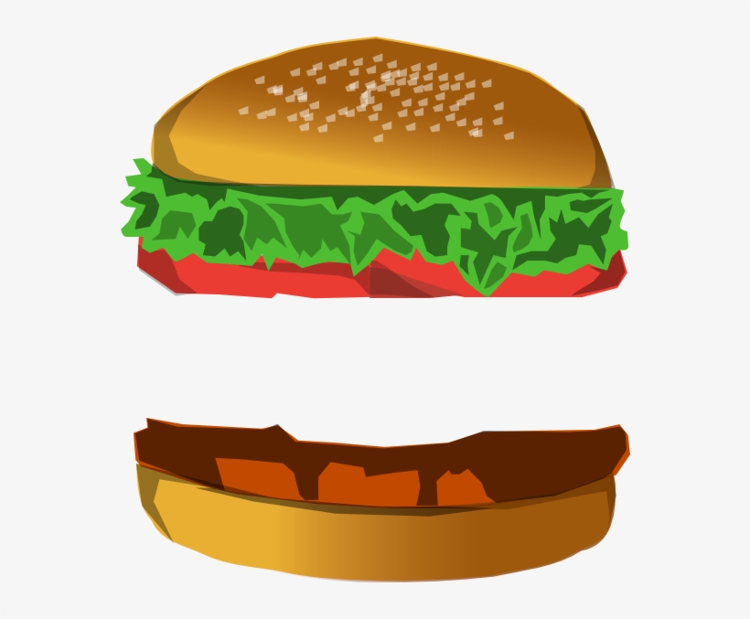 Illustrated cheeseburger with sesame seed bun, lettuce, tomato, patty, and sauce, separated into top and bottom halves.