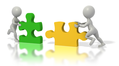 Two 3D figures collaboratively assembling green and yellow puzzle pieces against a black background.