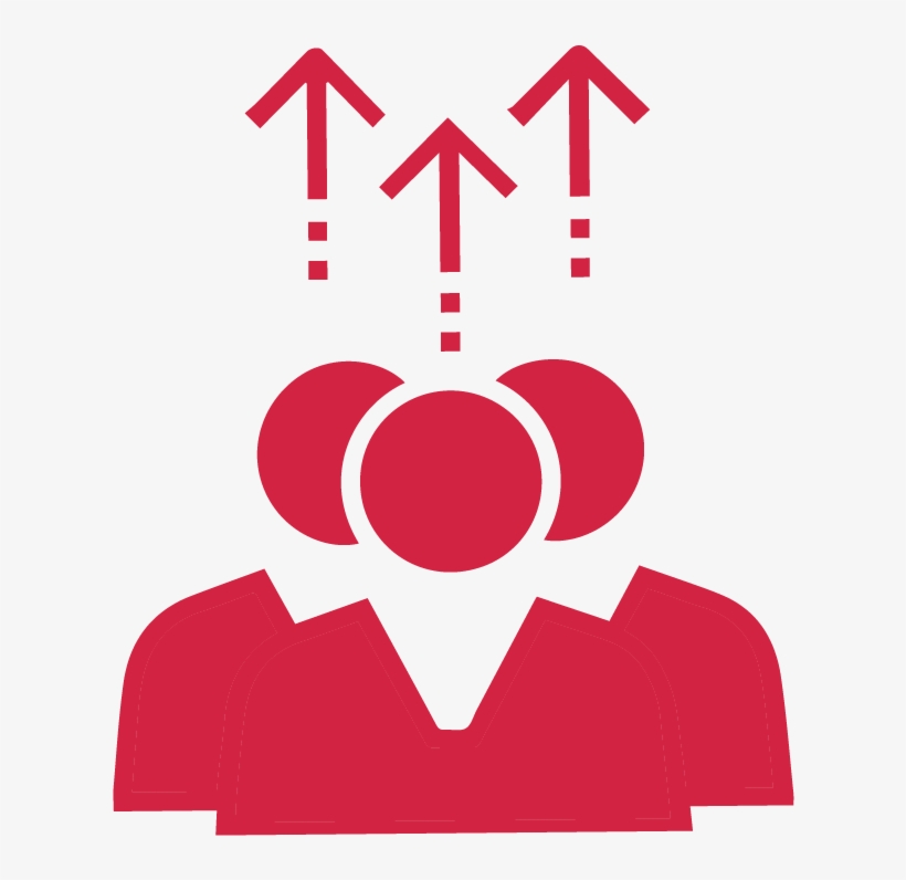 Three red stylized people with upward arrows above their heads, symbolizing team growth or career advancement.