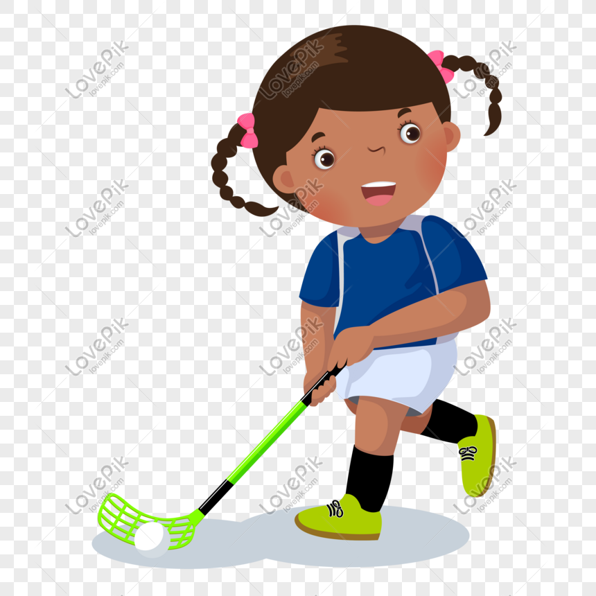 A smiling young girl with pigtails plays field hockey, holding a green stick and preparing to hit a white ball.