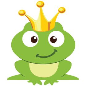 Green cartoon frog wearing a golden crown, smiling with big eyes.