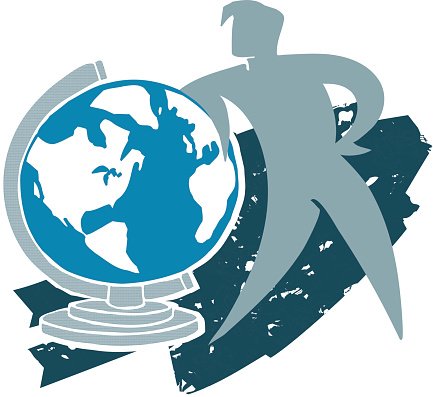 Blue globe with North and South America visible, beside a stylized gray human figure in motion, over a textured dark blue background.