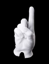 White gloved hand pointing upward against black background, symbolizing attention, instruction, or authority.