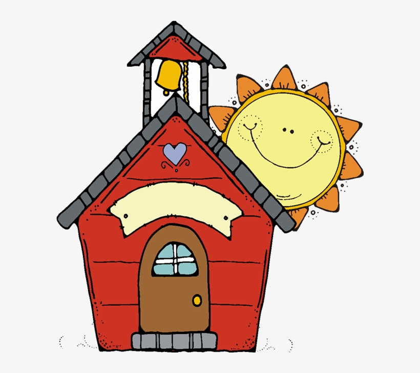 Cheerful red schoolhouse with bell tower and smiling sun peeking from behind the roof.