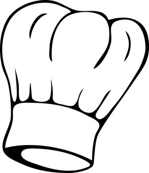 Black-and-white line drawing of a classic pleated chef's hat (toque blanche) with a wide band and puffed crown.