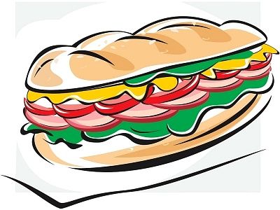 A colorful cartoon-style sub sandwich with lettuce, tomato, ham, cheese, and mustard on a hoagie roll.