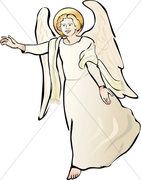 Illustration of a serene angel with large wings, halo, and flowing white robe, gesturing warmly.