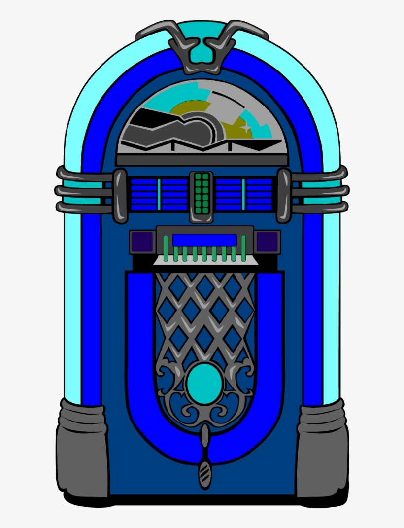 Stylized retro jukebox illustration in vibrant blue, teal, and gray with ornate details and glowing accents.