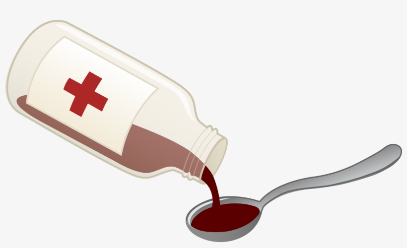 A medicine bottle with a red cross label pouring dark liquid into a spoon.