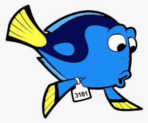 Blue cartoon fish with yellow fins and tag labeled "3181", resembling Dory from Finding Nemo.