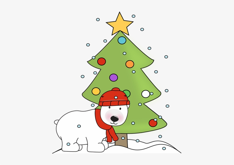 A cute polar bear wearing a red hat and scarf sits beside a decorated Christmas tree with snowflakes falling.