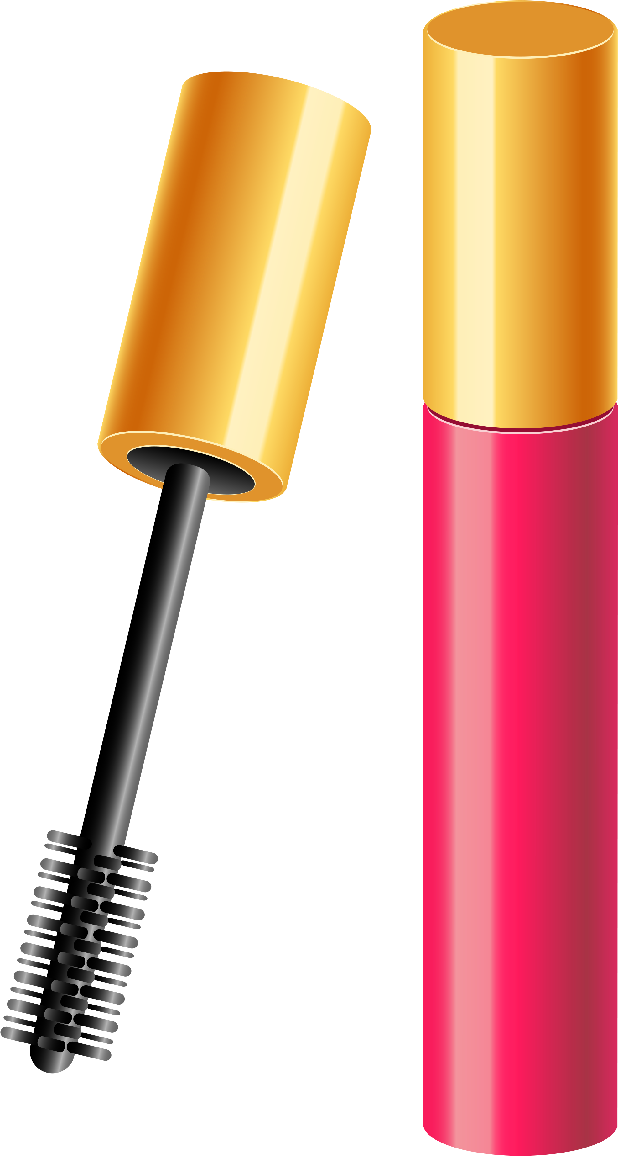 A pink mascara tube with a gold cap, lid removed to reveal a black wand applicator with bristles.