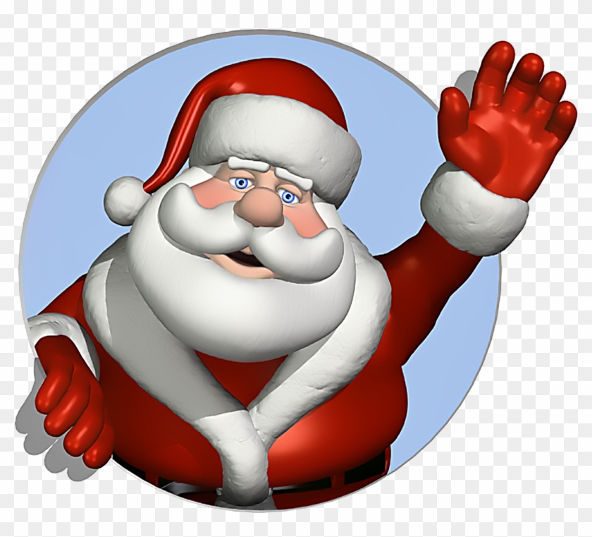 Cheerful 3D Santa Claus waving with one hand, wearing red suit and white beard, set in a circular frame.
