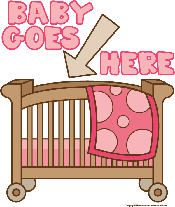 Illustration of a wooden baby crib with pink polka-dot blanket and text "BABY GOES HERE" with arrow pointing down.