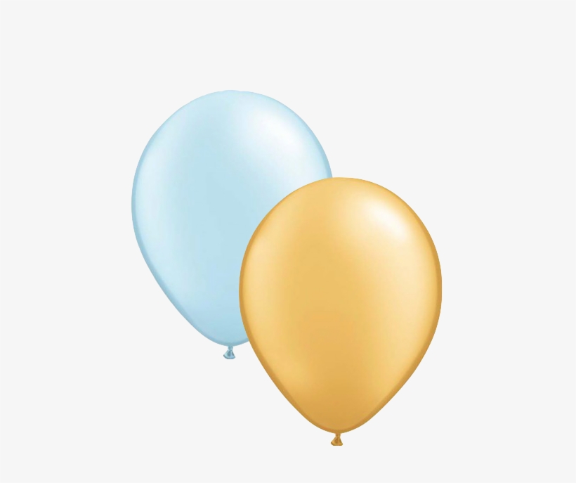 Two glossy balloons-one light blue and one gold-floating against a white background.