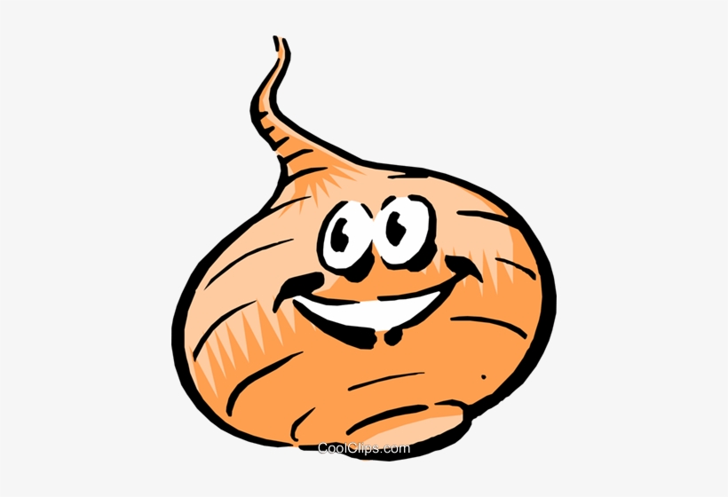 Cheerful cartoon onion with big eyes and a wide smile, orange skin and sprout tail.