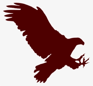 Silhouette of a soaring eagle with outstretched wings and talons extended, rendered in deep maroon against white background.