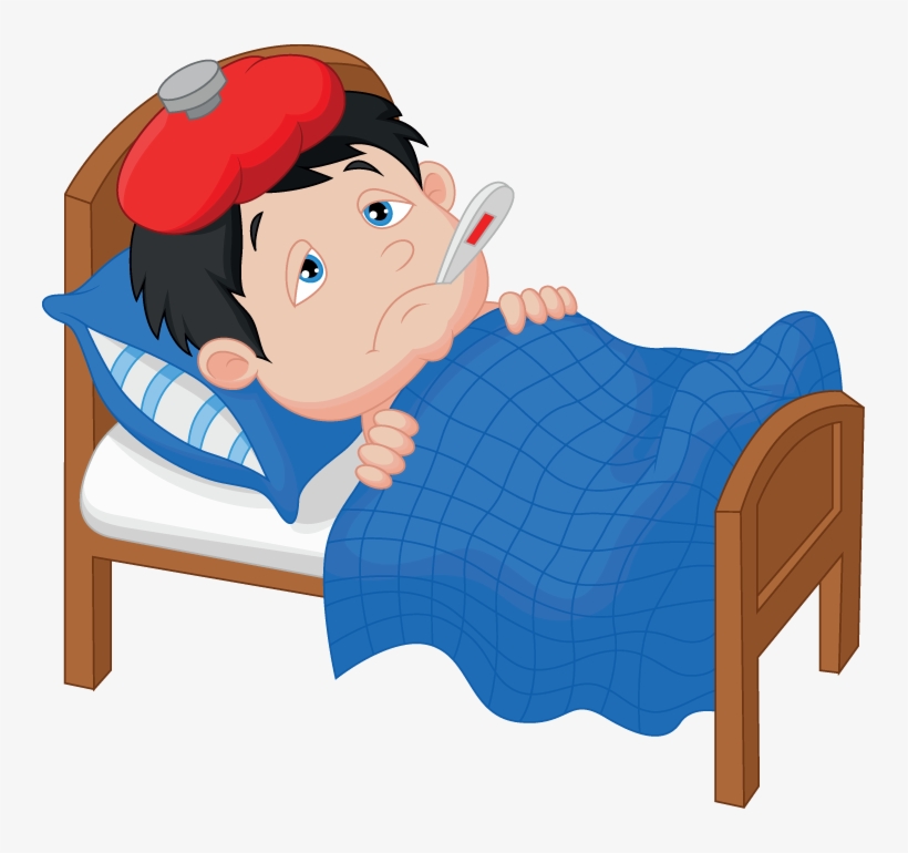 Sick boy in bed with fever, ice pack on head, thermometer in mouth, covered with blue blanket.