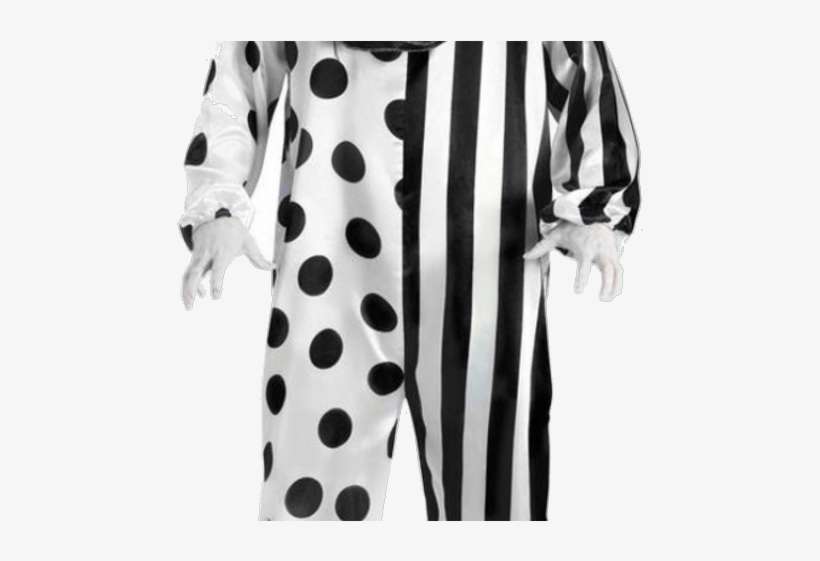Black-and-white clown costume with polka dots on one side and vertical stripes on the other, paired with white gloves.