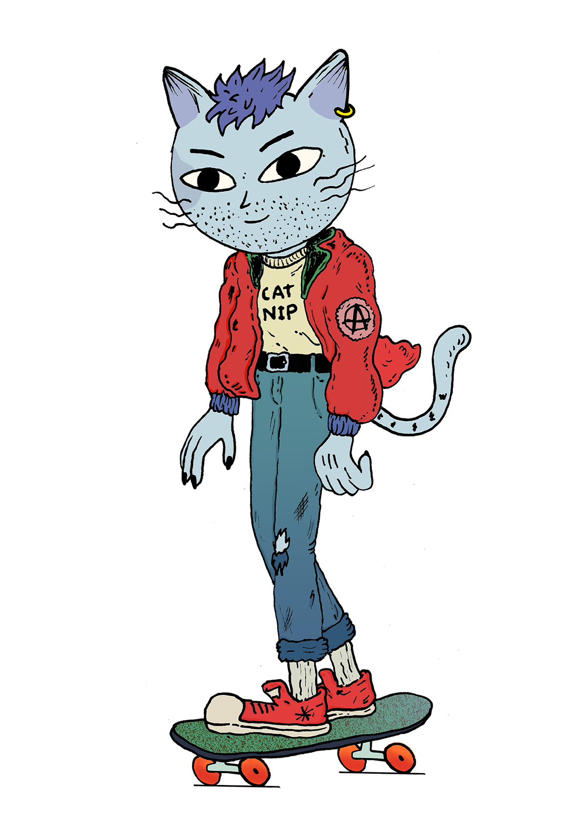 A punk-style anthropomorphic cat with blue hair, red jacket, and skateboard.