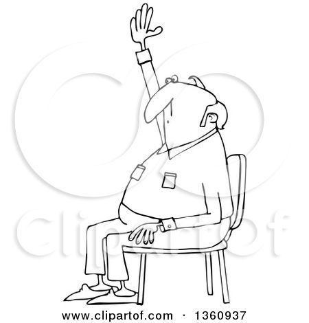 A cartoon man sitting in a chair with one hand raised, as if volunteering or asking a question.