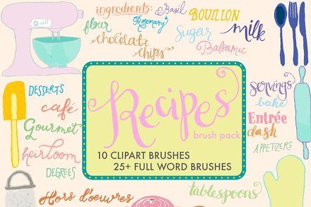 Colorful recipe-themed clipart pack with kitchen tools, ingredients, and decorative text elements.