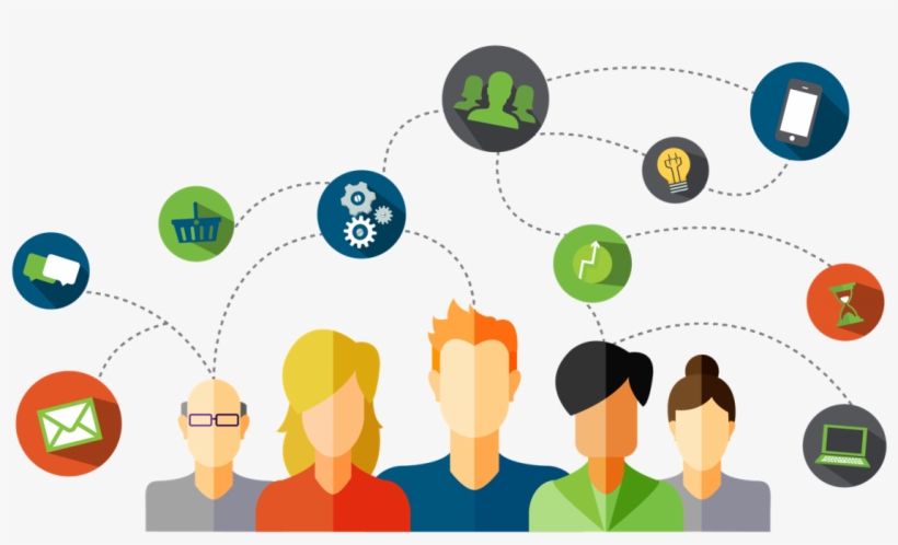 Five diverse people connected via icons representing communication, collaboration, technology, and business tools in a network diagram.