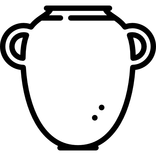 Simple black-and-white line drawing of a two-handled amphora-style vessel with three interior dots.