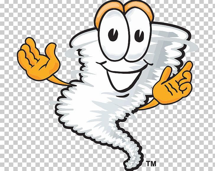 Friendly cartoon tornado mascot with big eyes, smiling face, and waving orange hands on transparent background.