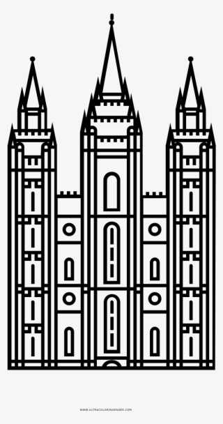 Line-art illustration of the Salt Lake Temple, featuring three spires and Gothic Revival architecture.