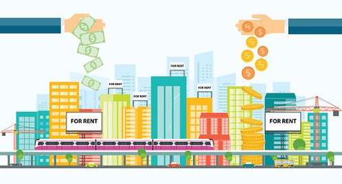 Illustration of hands exchanging money over a colorful city skyline with "For Rent" buildings and a train.