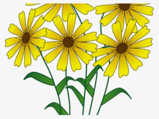 Bright yellow daisy-like flowers with dark brown centers and green stems, illustrated in a clean clipart style.