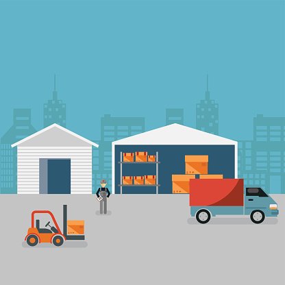 Warehouse logistics scene with forklift, worker, delivery truck, and storage shelves against city skyline.