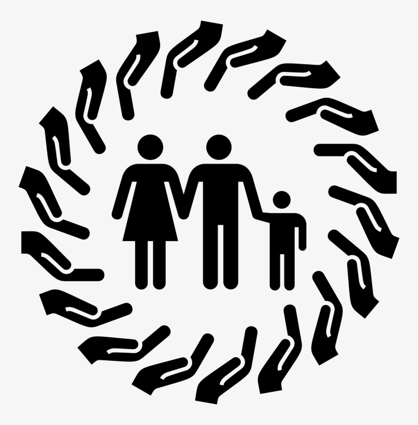 A family of three (mother, father, child) holding hands, encircled by a ring of supportive hands symbolizing community care.