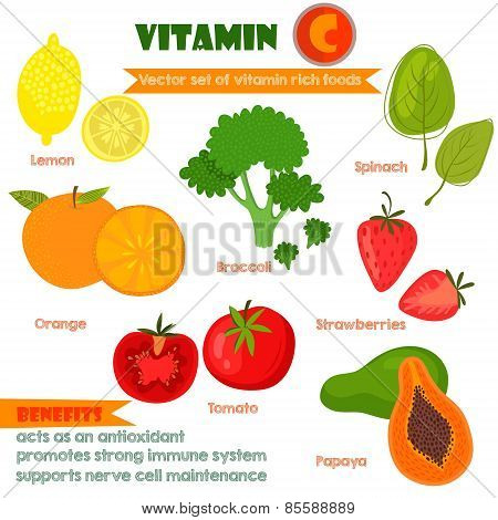 Vitamin C-rich foods including lemon, orange, broccoli, spinach, strawberries, tomato, and papaya with health benefits listed.