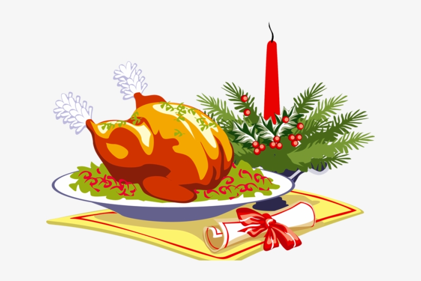 Roasted turkey on a platter with holly, red candle, and festive scroll, evoking holiday celebration.