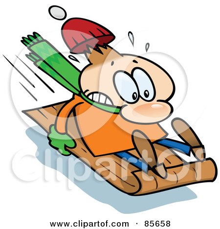 Cartoon boy screaming while sledding downhill, wearing red hat and green scarf, snow flying around.