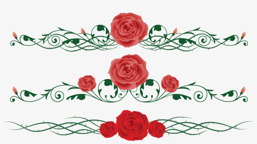 Three decorative floral borders with red roses and green vine swirls, ideal for elegant design accents.