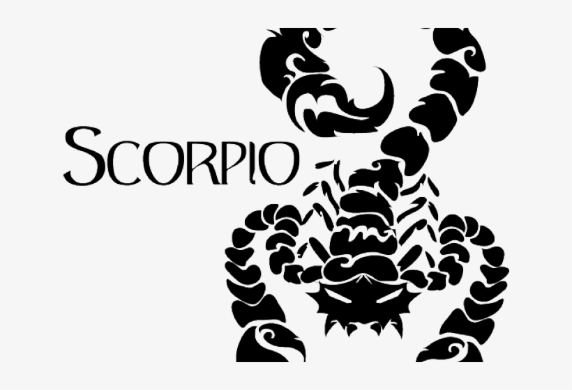 Stylized black-and-white Scorpio zodiac symbol with ornate tribal design and bold "SCORPIO" text.