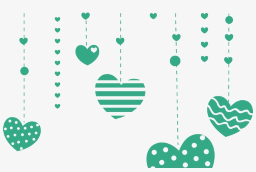 Teal green hearts with polka dots, stripes, and waves hang from dashed lines in a festive decorative pattern.