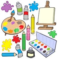 Colorful cartoon-style art supplies including paint palette, easel, pencils, crayons, paint tubes, and splashes.