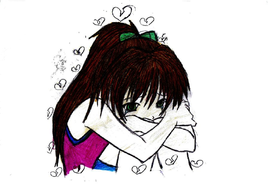 Anime-style girl with brown hair, green bow, hugging herself amid floating hearts and broken hearts.
