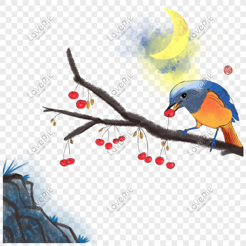 Serene Night Bird Eating Cherries - Watercolor Art Illustration