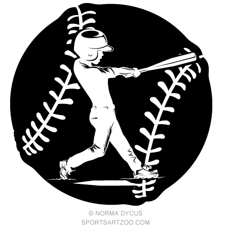 Black-and-white illustration of a baseball player swinging a bat inside a stylized baseball with stitching.