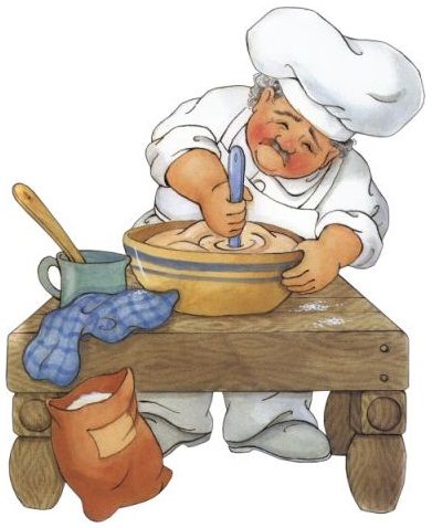 A cheerful elderly chef in a white hat kneads dough in a wooden bowl on a rustic table with flour, a mug, and a blue cloth.