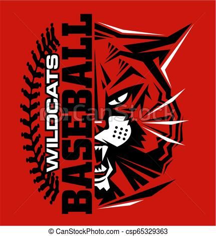 Wildcats Baseball logo featuring a fierce black-and-red panther head beside stylized text and baseball stitching on red background.