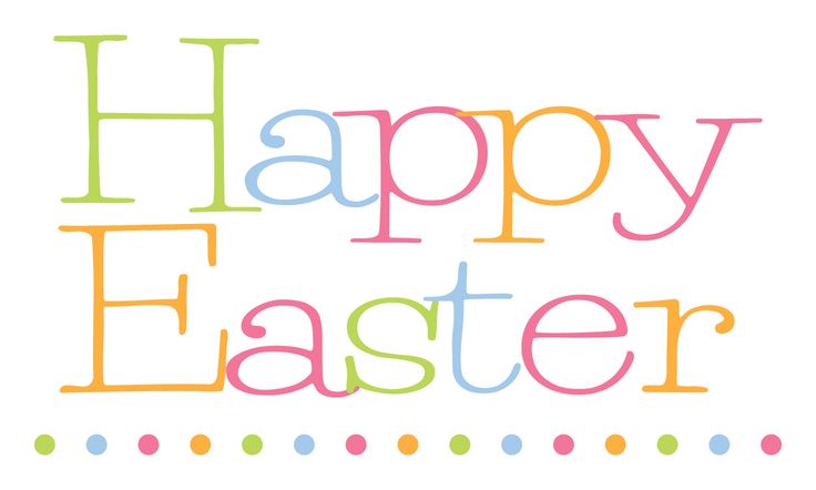 Colorful "Happy Easter" text with pastel letters and dotted border on white background.